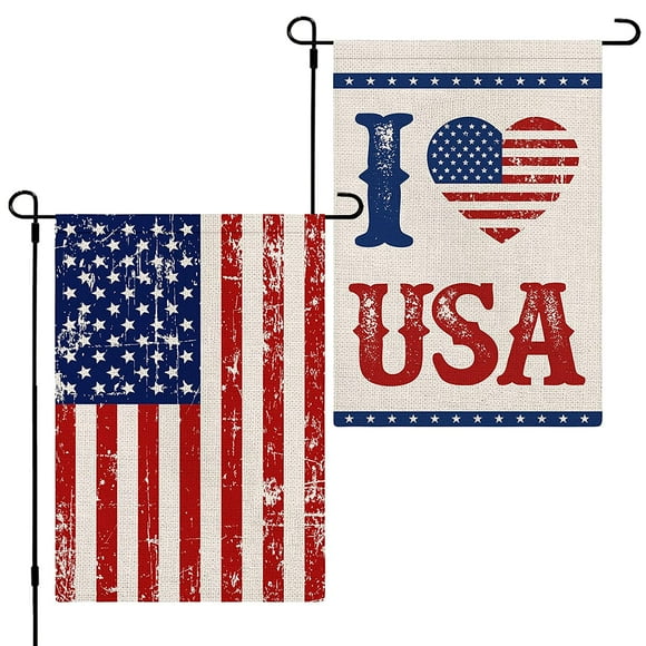 2 Pack 4th of July American Garden Flag Patriotic Burlap Yard Flag Double-Sided I Love USA Stars and Stripes Outdoor Garden Flag for Independence Day Memorial Day Lawn Patio Decoration