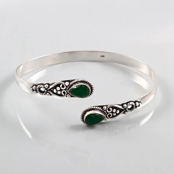 925 Sterling Silver Rose Cut Green Emerald Gemstone Jewelry Cuff Bracelet