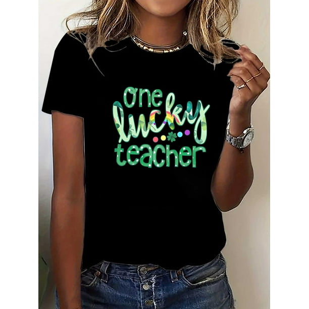 Women's St. Patrick's Day "One Lucky Teacher" Graphic T-Shirt Crew Neck, Short Sleeve