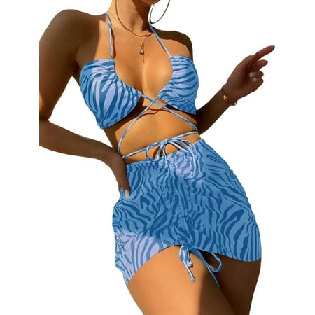 Coduop Women s 3 Piece Swimsuits Triangle Bikini Set Bathing Suits with Leopard Print Thong + Skirt
