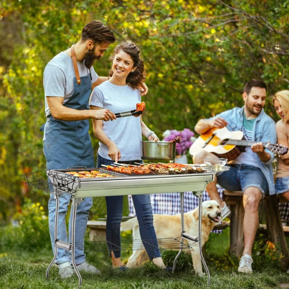 HiiKaa Portable Charcoal Grill,Outdoor BBQ Grill for Christmas Picnic,Family Gathering and Backyard Barbecue with Storage Bag & Non-Stick Frying Pan,Silver
