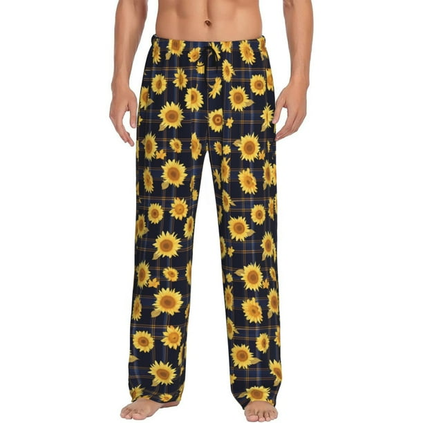 Balery Royal Blue Plaid Sunflower Pantalones de pijama para hombre, pijama ultraligero, pantalón de descanso-Large