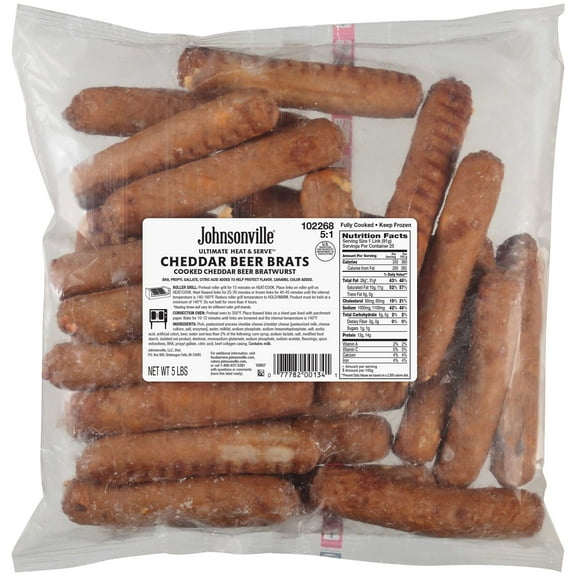 Johnsonville Ultimate Heat and Serve Cooked Cheddar Beer Bratwurst, 80 Ounce - 2 per case.