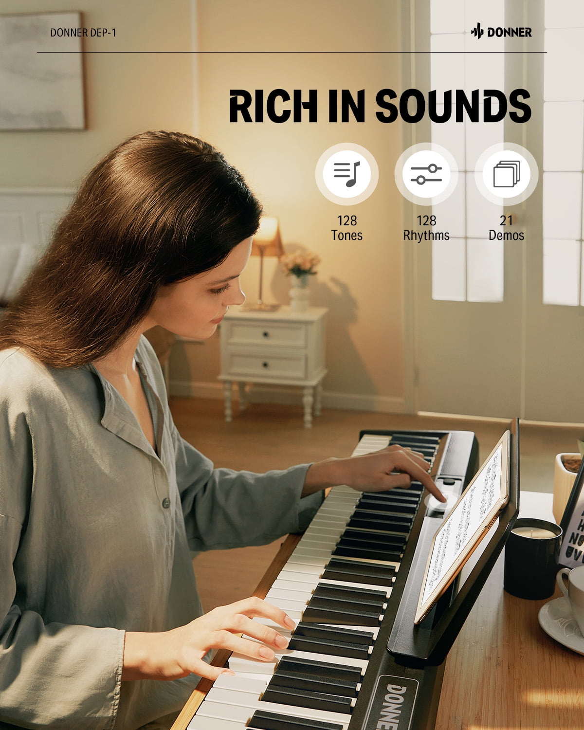 Donner Piano Keyboard 88 Keys, Velocity-Sensitive Digital Keyboard Piano for Beginner, Portable Electric Piano with Stand, Sustain Pedal, Black, DEP-1