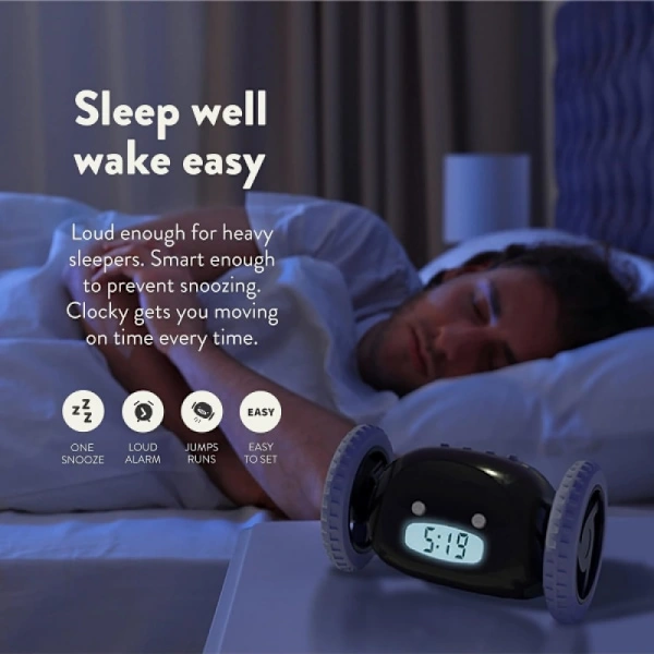 Rolling alarm clock - extra loud sound for heavy sleepers (Clockie Robo