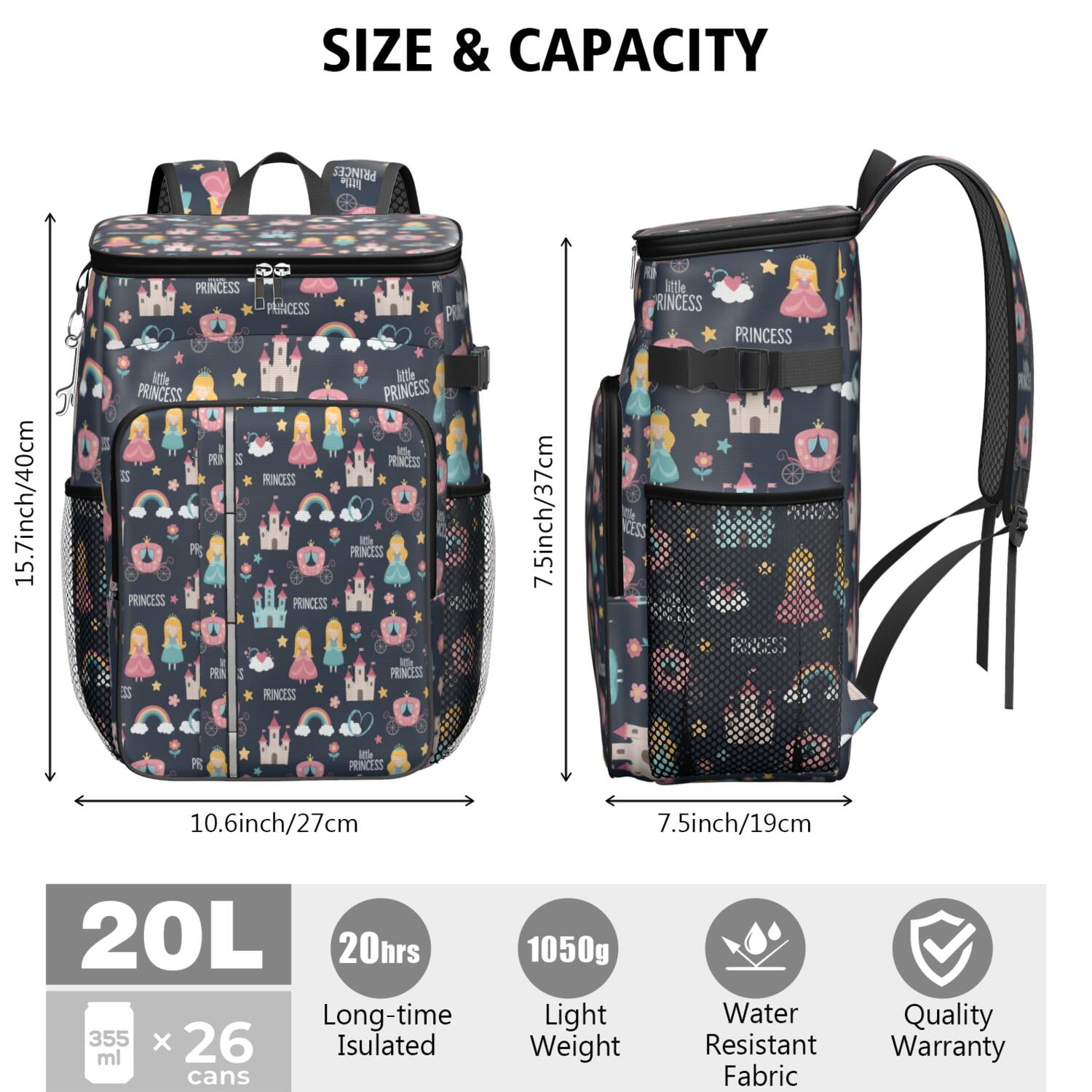 Travel Cooler Bag - Dark Blue Princess Castle Pattern Camping Beer Cooler Backpack with Bottle Opener- Waterproof Insulated Picnic Backpacks - Cooler Bag for Beach