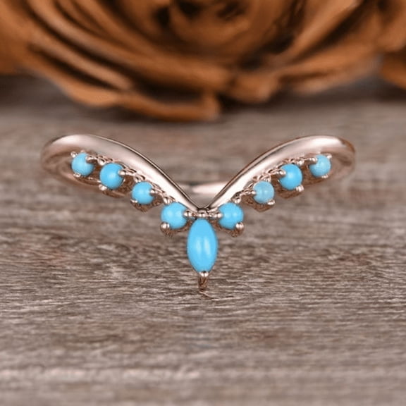 Turquoise Wedding Band Women Unique Natural Marquise Turquoise Rose Gold Dainty Ring Enhancer Dainty Cluster Tapered Gift For Her Custom