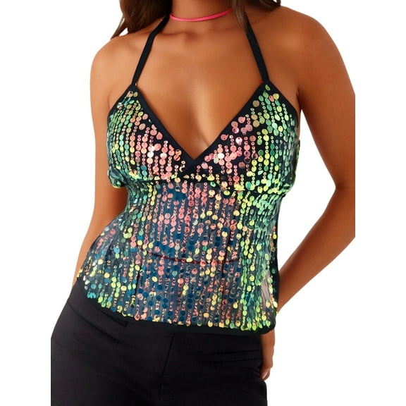 Women Y2K Sequin Halter Neck Crop Tops V Neck Glitter Cami Top Tie Up Back Sparkle Slim Tank Tops