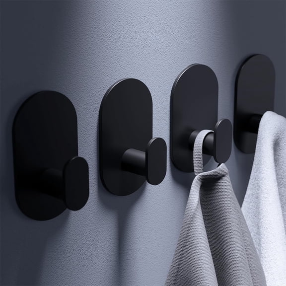 Januofit Black Self Adhesive Hooks - 4 Pack Heavy Duty Wall Hooks no Damage, Sticky Hook for Hanging Coat/Robe/Towel, Stick on Kitchen/Bathroom/Shower (Stainless Steel)
