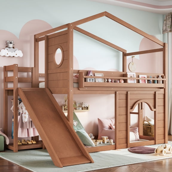 ChenyueFurn Twin House Loft Bed with Slide, Bookshelf, Wardrobe, Round Window & Arched Door,Natural