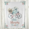 thumbnail image 1 of Bunny Throw Blanket, Happy Hopping Rabbit Riding a Bike Watercolor Pastel Colors Floral, Flannel Fleece Accent with Custom Name Photo Backdrop, 60" x 50", Coral Deep Sky Blue and White, by Ambesonne, 1 of 4