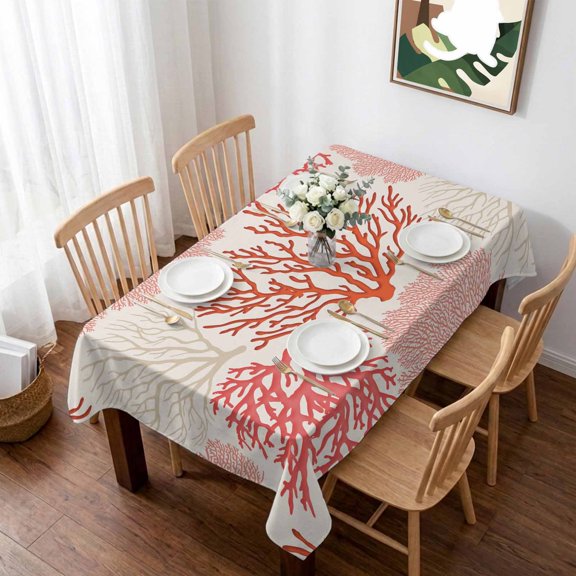 Red Coastal Table Cloth Waterproof Tablecloths, Vintage Coral Ocean Modern Sea Abstract Tablecloth Dining Table Cover for Kitchen Party Tabletop Outdoor, Rectangle Tablecloth 60x84 Inch