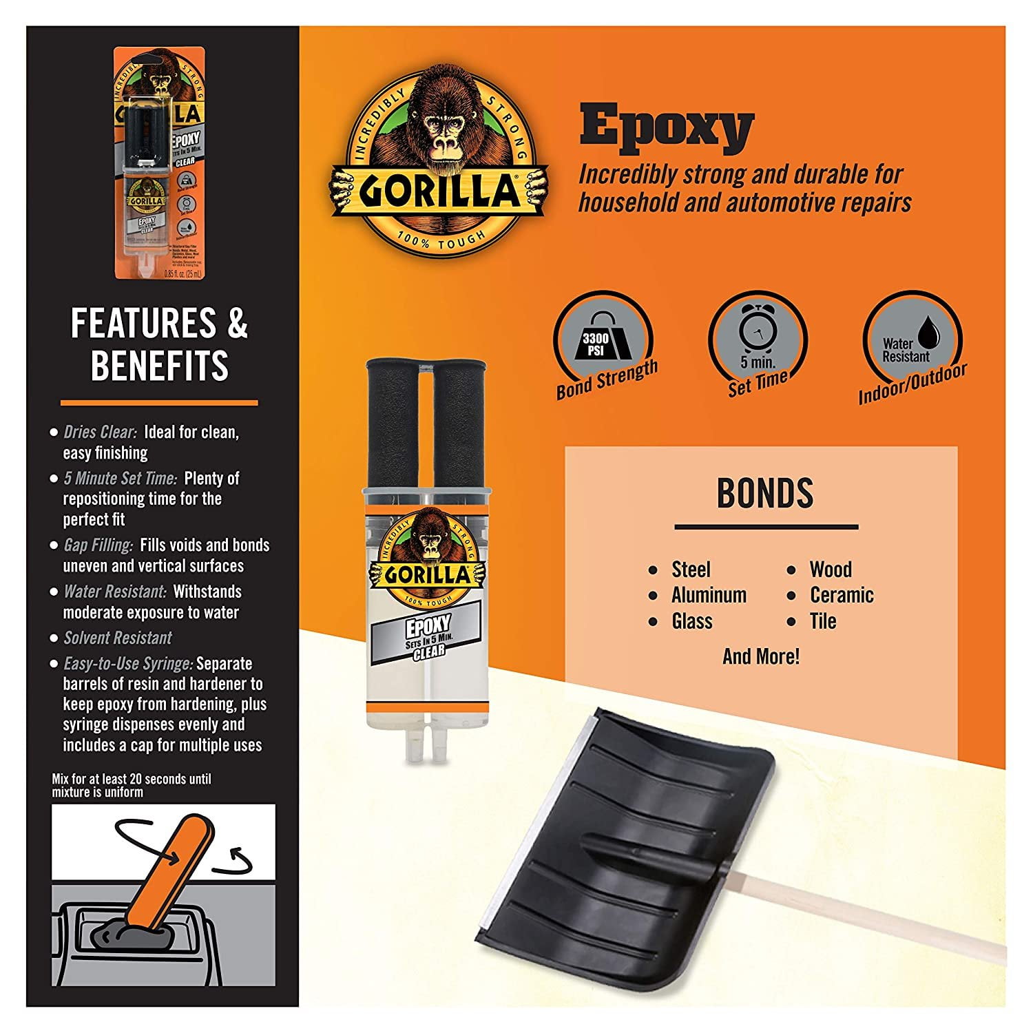Gorilla 2 Part Epoxy 5 Minute Set - Clear - Pack of 8, 0.85 Ounce Syringe — Construction & DIY Use, Standard Hardware Spec