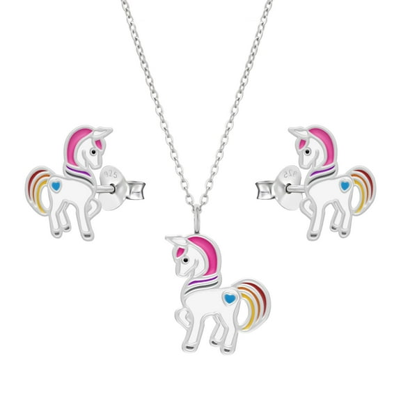 Unicorn Jewelry Set 925 Sterling Silver Stud Earrings & Necklace with Crystals
