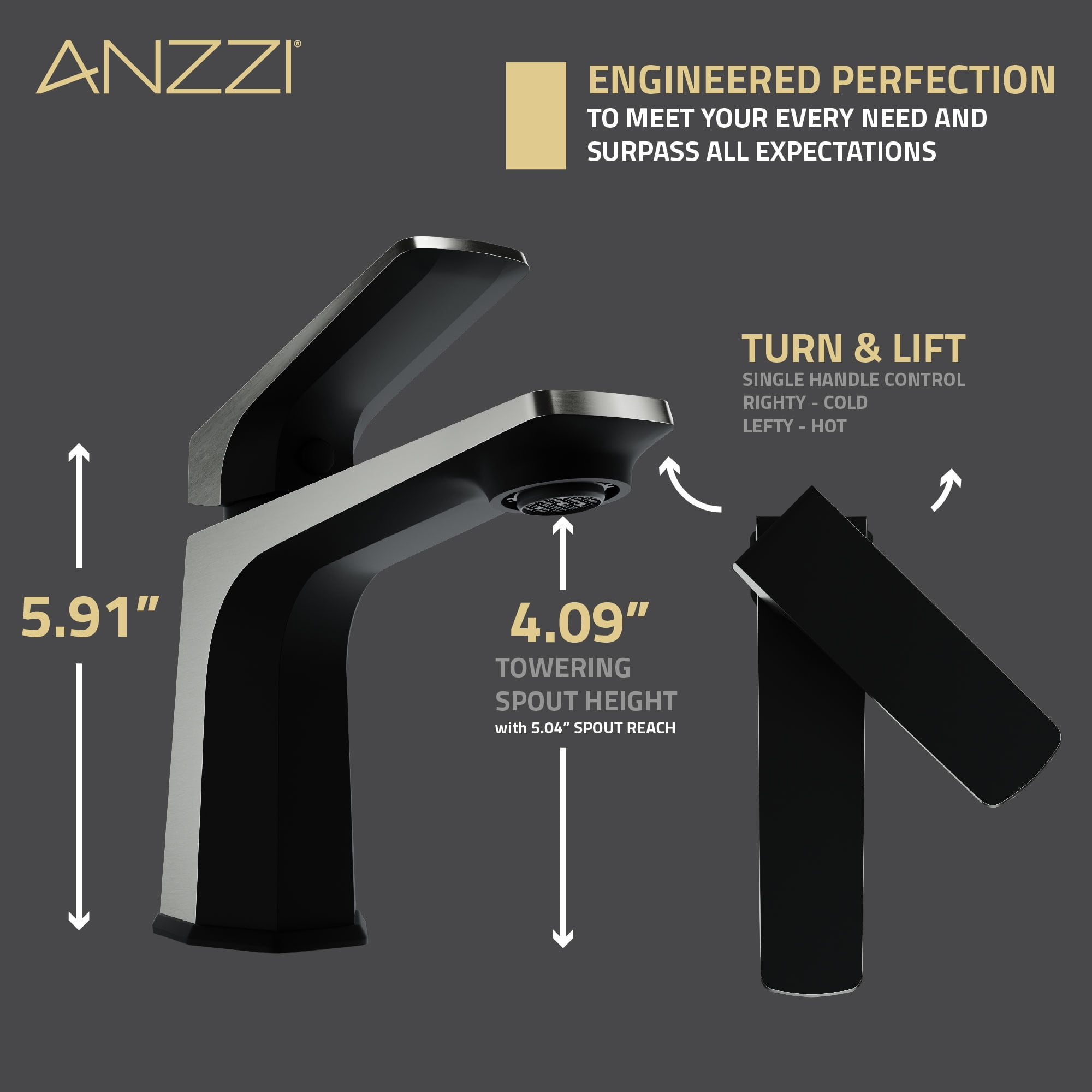 ANZZI Single Handle Single Hole Bathroom Faucet With Pop-up Drain in Matte Black & Brushed Nickel