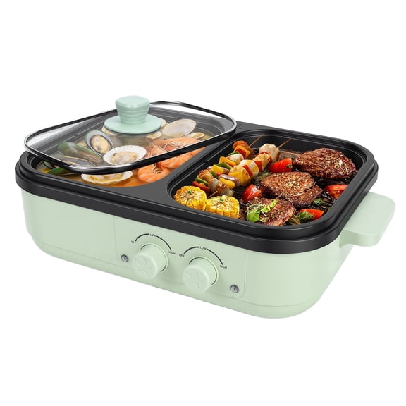 2 In 1 Electric Hot Pot with Separate Grill Side, Dual Independent Temperature Shabu Shabu Pot, Ideal Gift for Family Party Indoor Barbecue