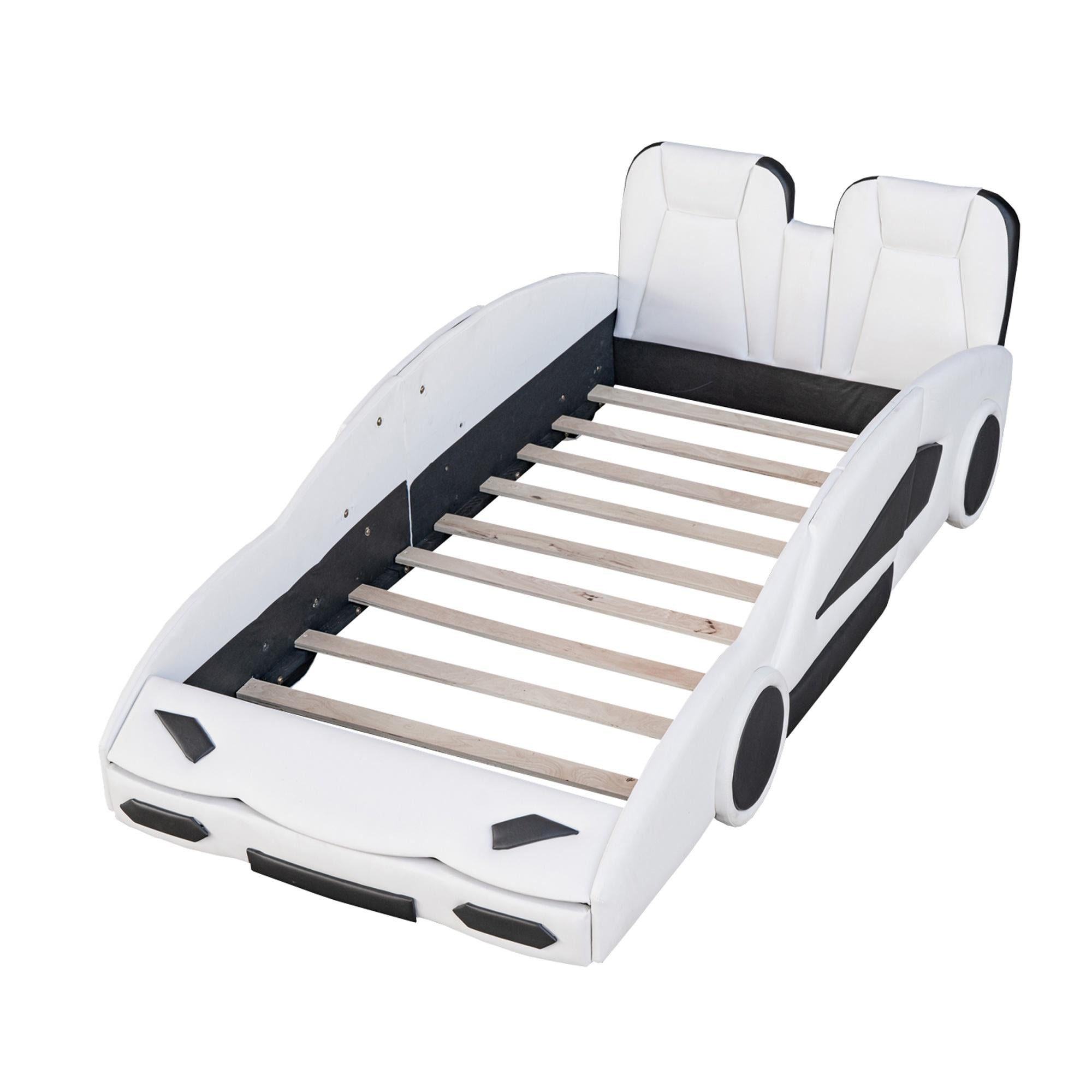 Bellemave Twin Size Race Car-Shaped Platform Bed with Wheels, Faux Leather Upholstered Boys Twin Race Car Bed,Twin Bed Frame with Slat Support（White)