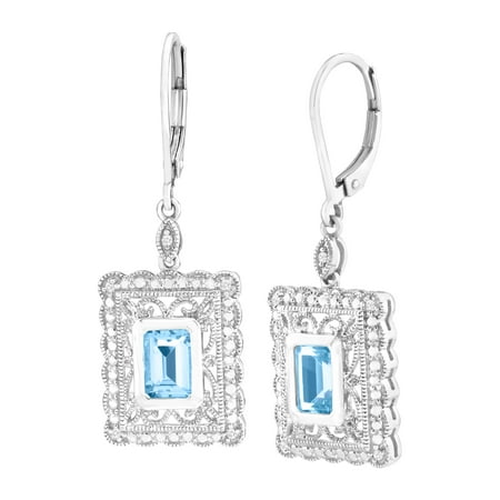 2 1/3 ct Natural Swiss Blue Topaz Drop Earrings with Diamonds in Sterling Silver
