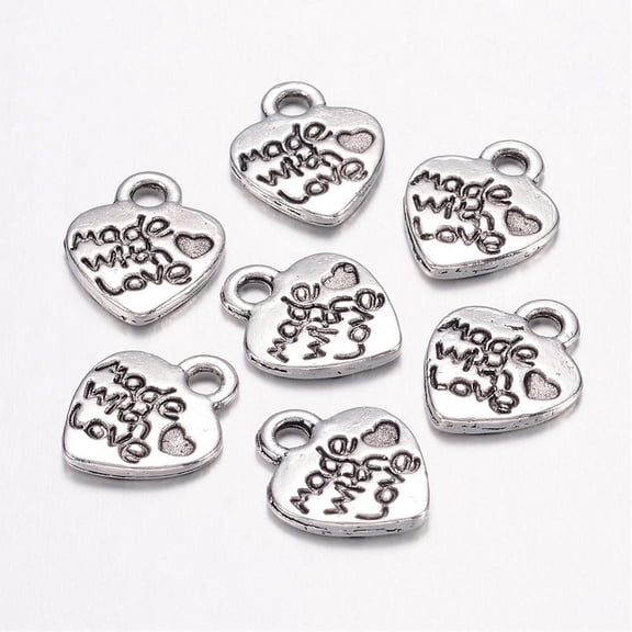 DIY 50pc Ideas for Valentines Day Gifts Tibetan Style Alloy Pendants Cadmium Free & Lead Free Heart with Made with Love Silver 12.2x10x1.8mm Hole: 2mm