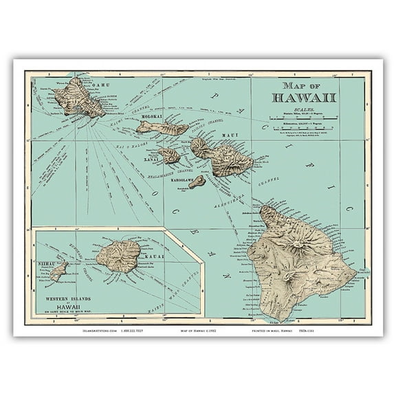 Map of Hawaii - from Rand McNally Atlas - Vintage Colored Cartographic Map c.1898 - Master Art Print (Unframed) 9in x 12in