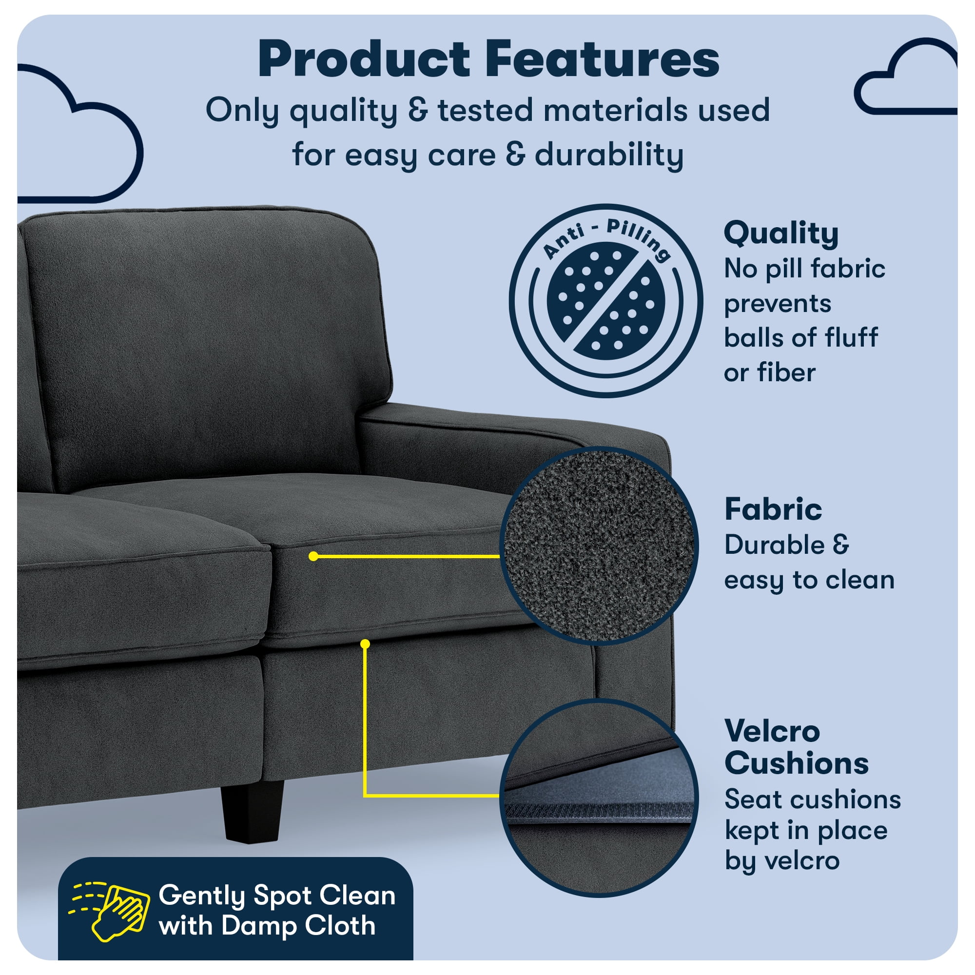 Serta Palisades 61" Track Arm Sofa, Easy Care Polyester, Loveseat or Couch for Small Spaces, Charcoal