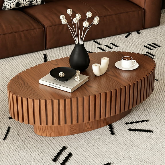 Living Room Modern Oval Coffee Table - Handmade Relief Accessories, Wooden Base Handcrafted Embellishments,