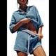 thumbnail image 3 of Conjunto de Suéter de Mujer de 2 Piezas, Top de Punto con Cuello en V y Mangas 3/4 Extragrandes, Pantalones Cortos de Cintura Alta, Conjuntos de Estar por Casa. Azul L, 3 of 8