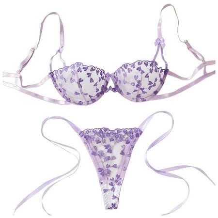 Midwennn Heart Embroidery Lingerie Set Mesh Unlined Bra & Strappy Thong Women s Sexy Lingerie & Underwear Corset Lingerie for Women plus Size