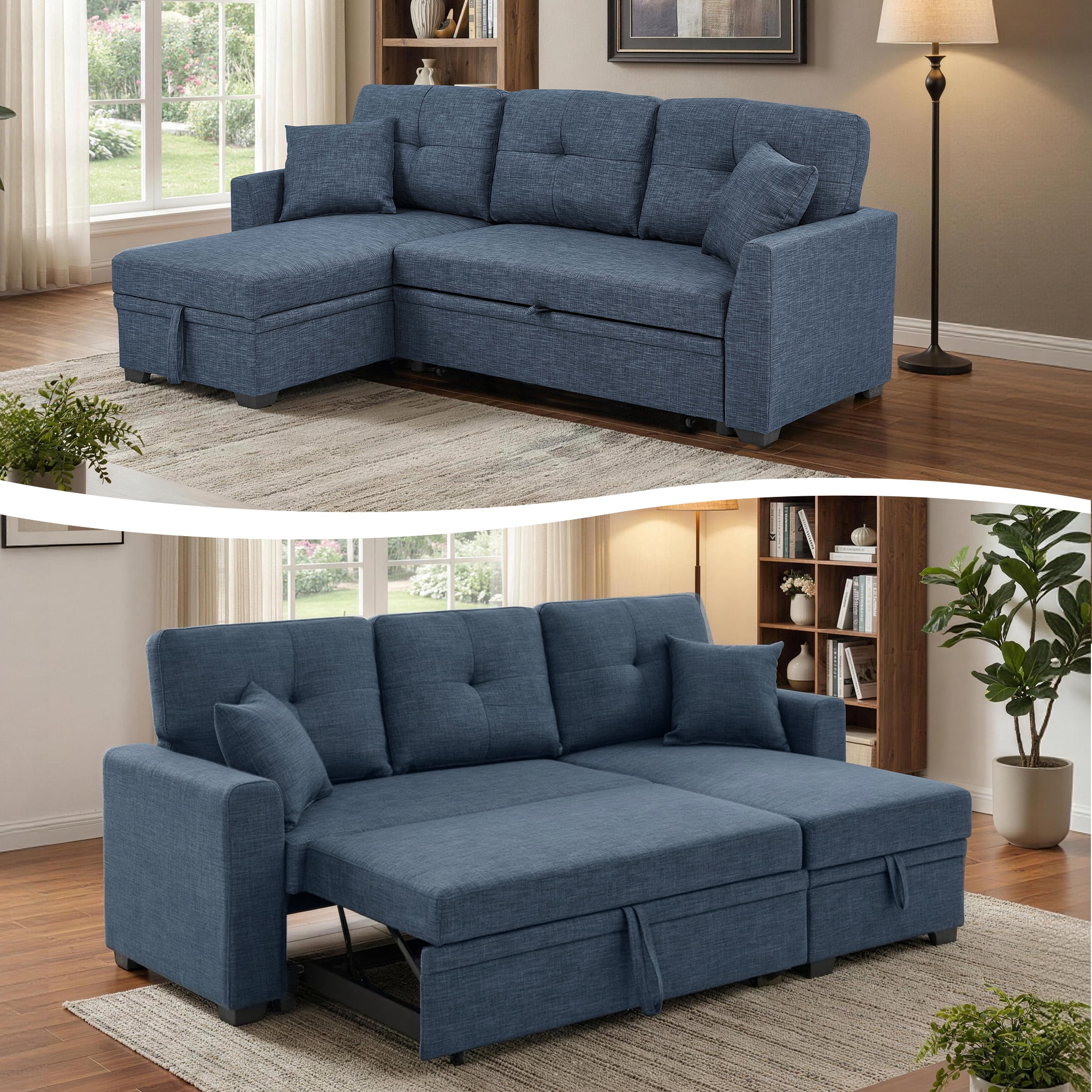 AENKYO Convertible L-Shaped Sectional Sofa Sleeper with Pull-Out Bed and Storage Chaise, Linen Upholstered Couch for Living Room，Blue