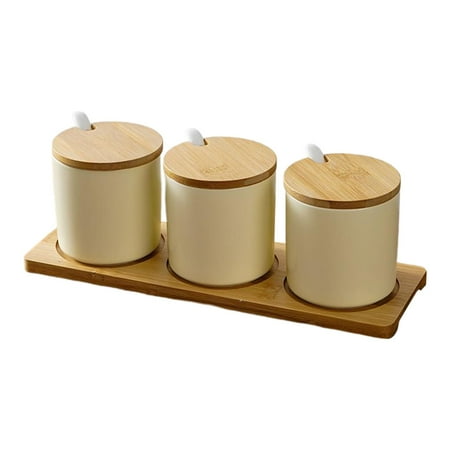 

3x Container with Lid Spoon and Tray Seasoning Box Porcelain Sugar Bowl Condiment Pot for Serving Counter Kitchen Cooking Supplies