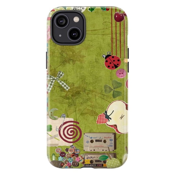 Retro Grunge Green Collage Phone Case, Ladybug & Old School Mix Tape Cover for iPhone 17 16 15 14 13 12 11 Pro Max