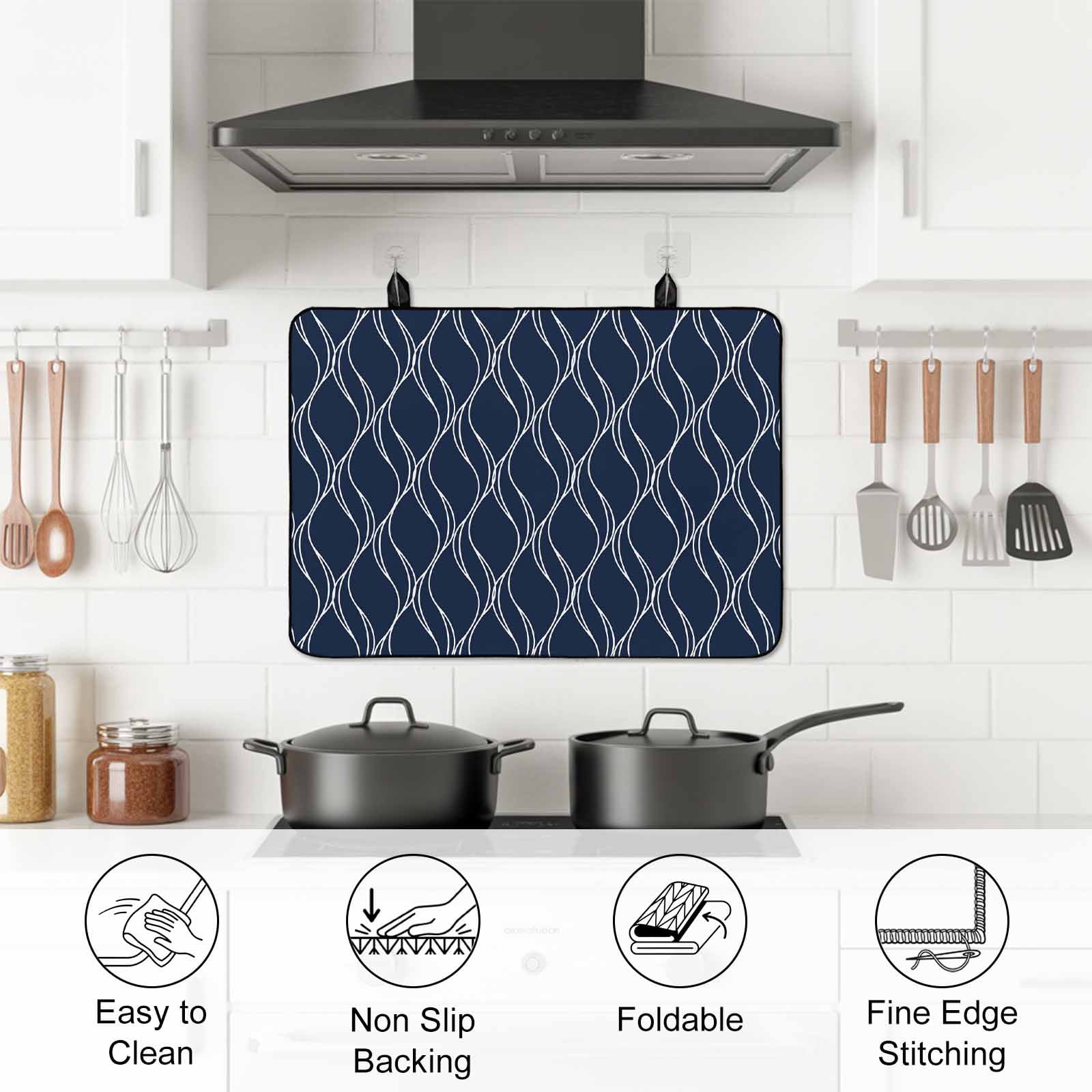Wavy Lines Stove Top Cover for Electric Stove, Heat-proof & Non Slip Glass Top Stove Cover Protector, Abstract Minimalist Pattern Navy Blue Kitchen Flat Cooktop Rubber Mat 24x21 Inches