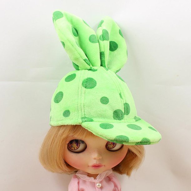 Traje con de orejas de conejo de franela de moda para accesorios de muñecas Blythe 1/6 Verde perfke Gorra de muñeca con visera