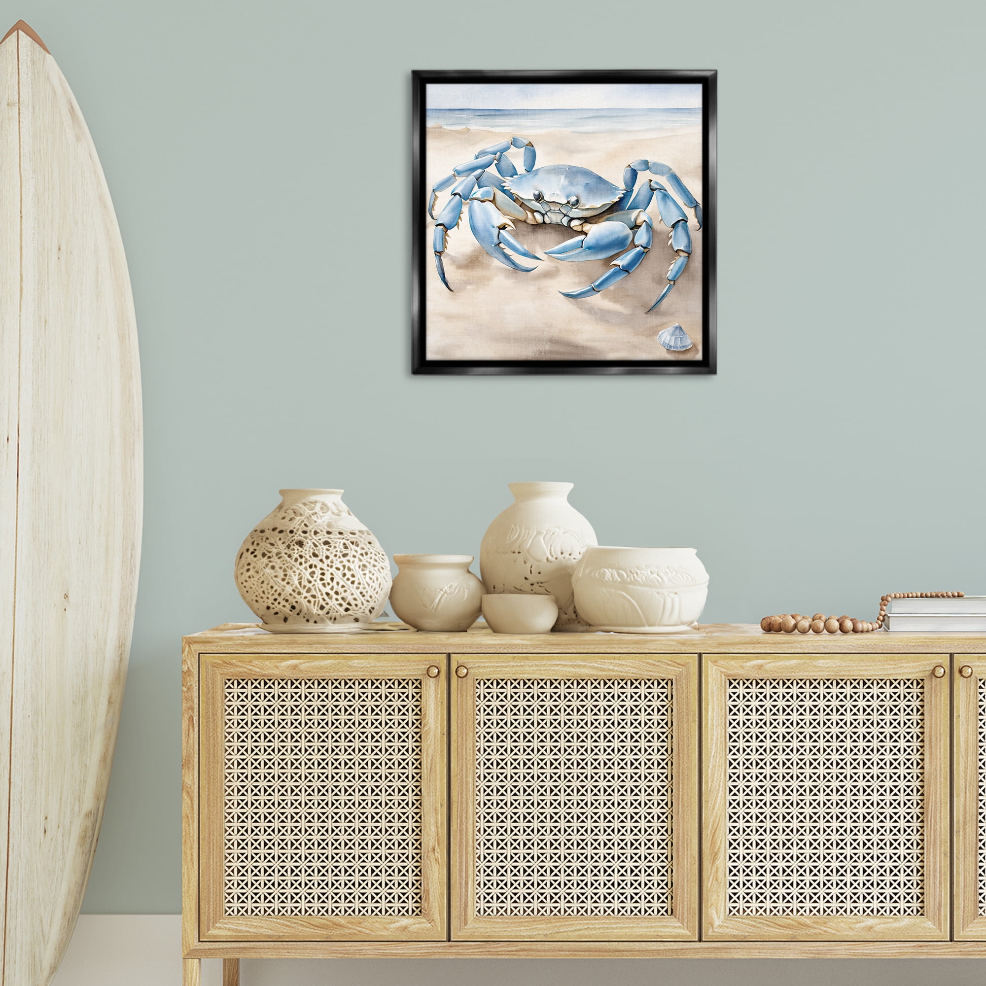 Stupell Industries Blue Crab on Beach Animals & Insects Painting Black Floater Framed Canvas Art Print Wall Art, 25 x 25