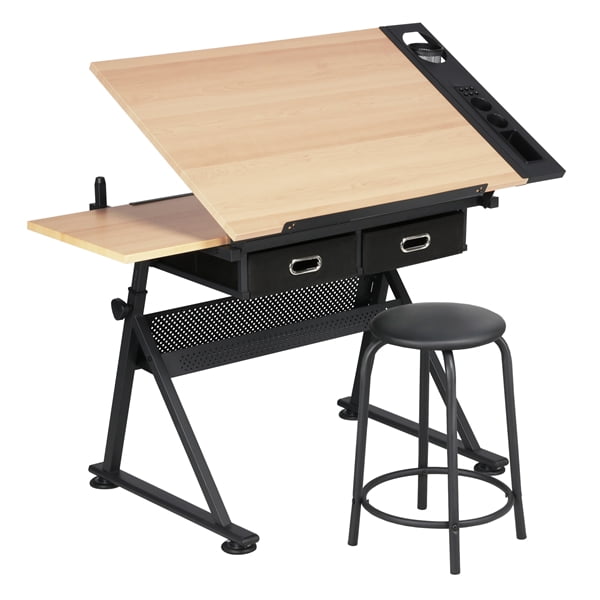 ZENY Adjustable Drafting Drawing Table Glass Top Rolling Drafting Desk Tempered Craft Station