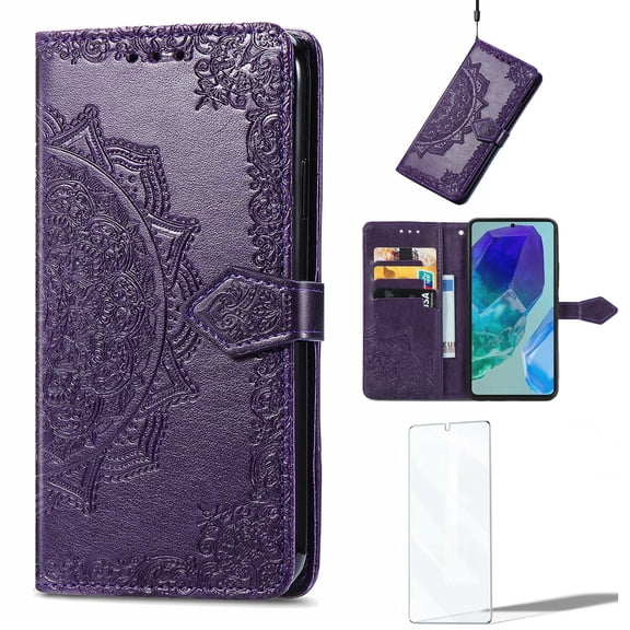 Dteck for Samsung Galaxy A17 5G Wallet Phone Case with Screen Protector,Embossed PU Leather Magnetic Clasp Case with Credit Card Slots Holder Phone Cover with Strap,Purple