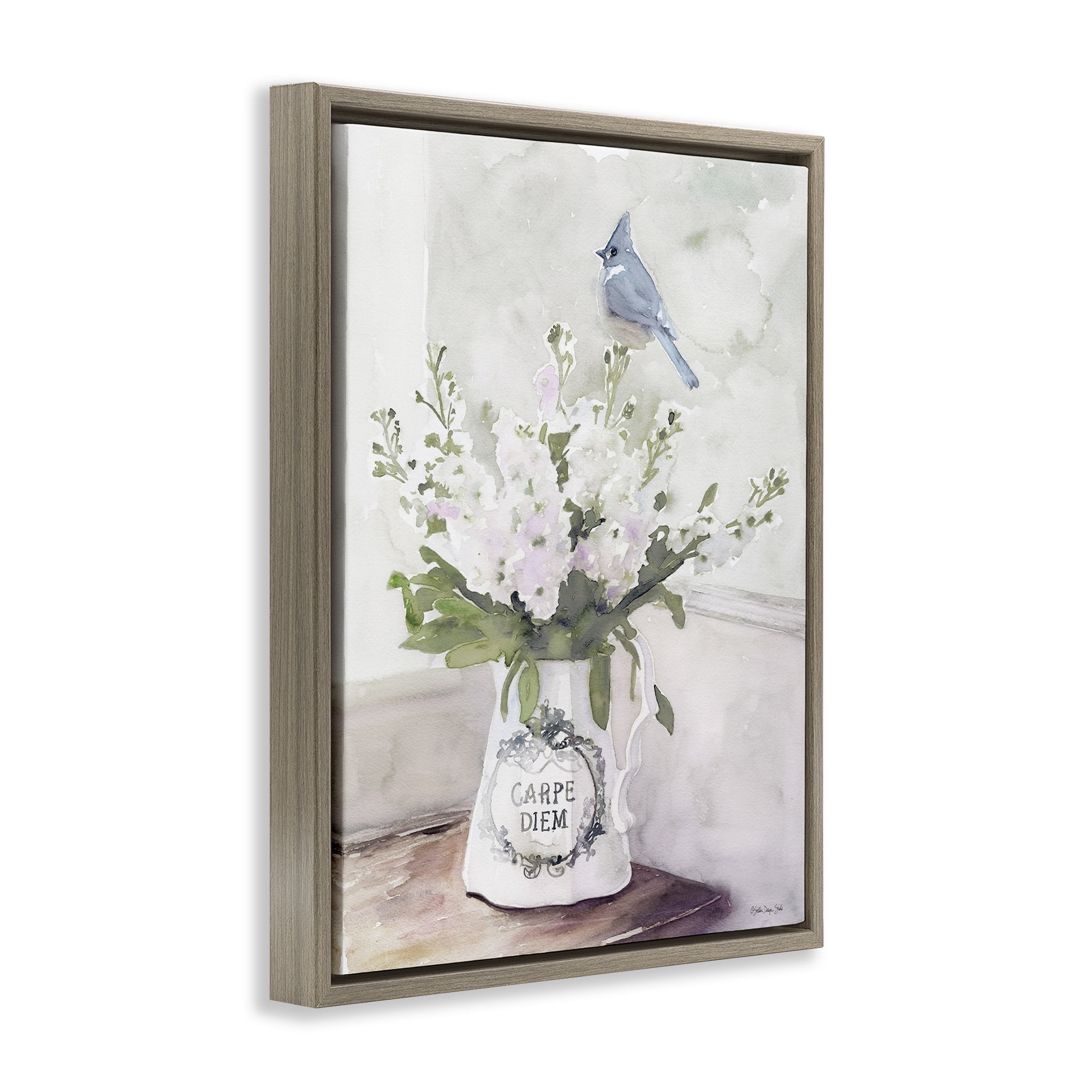 Stupell Industries Blue Cardinal on Spring Bouquet Animals & Insects Painting Brown Floater Framed Canvas Art Print Wall Art, 17 x 21