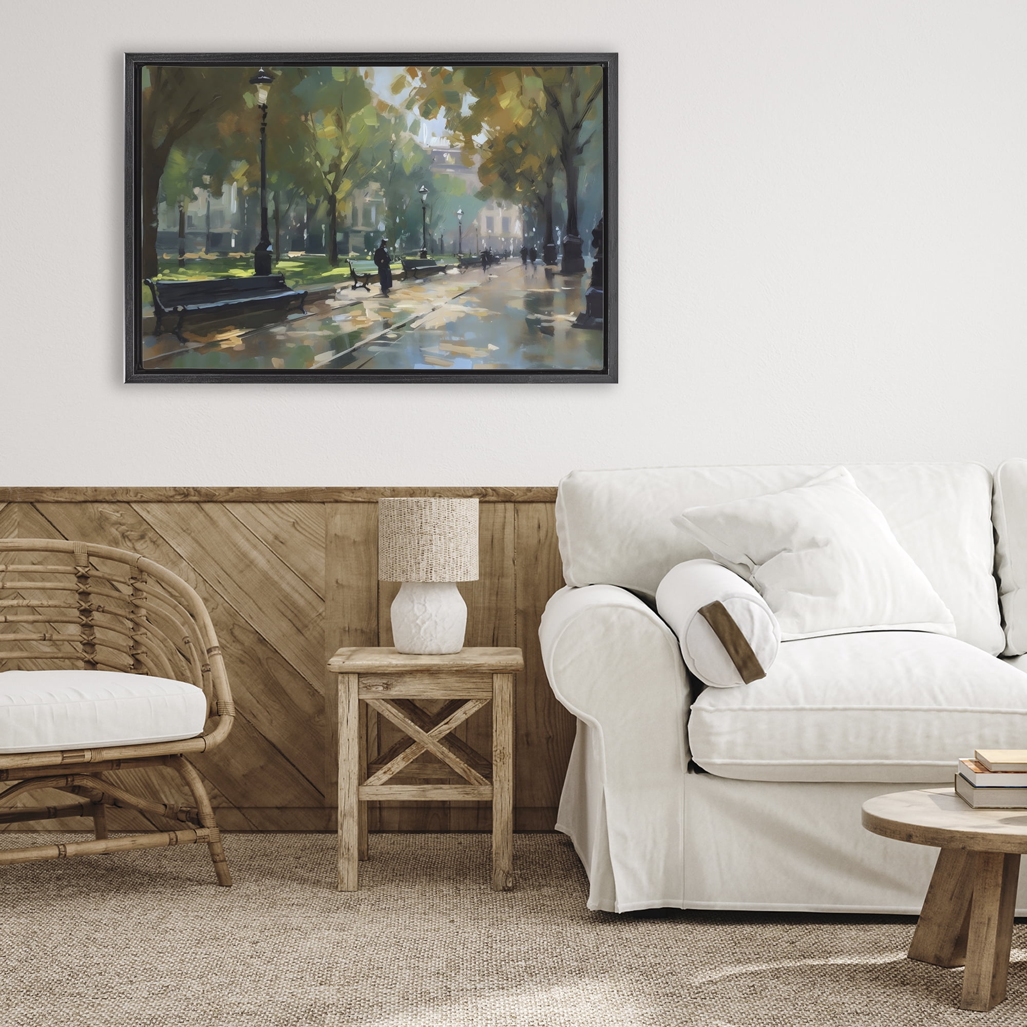 Stupell Industries Park Promenade on Rainy Day Black Framed Floater Canvas Wall Art, design by Creative Studio