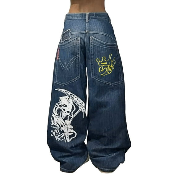 Tiweut Mens Jeans Mens Hop Baggy Skeleton Graphic Denim Pants Long Wide Leg High Waist Gothic Oversized Trousers Blue,L