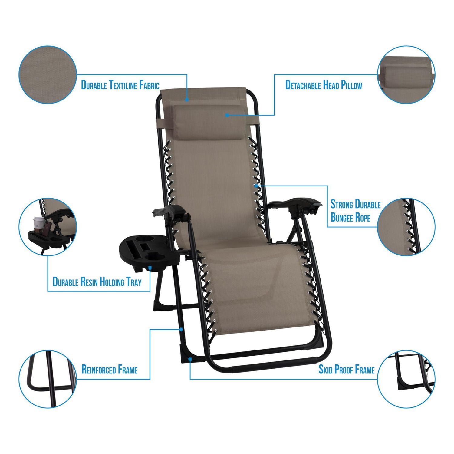 Patio Premier 2PK Gravity Chairs with Foot cover & Big Cupholder - Taupe