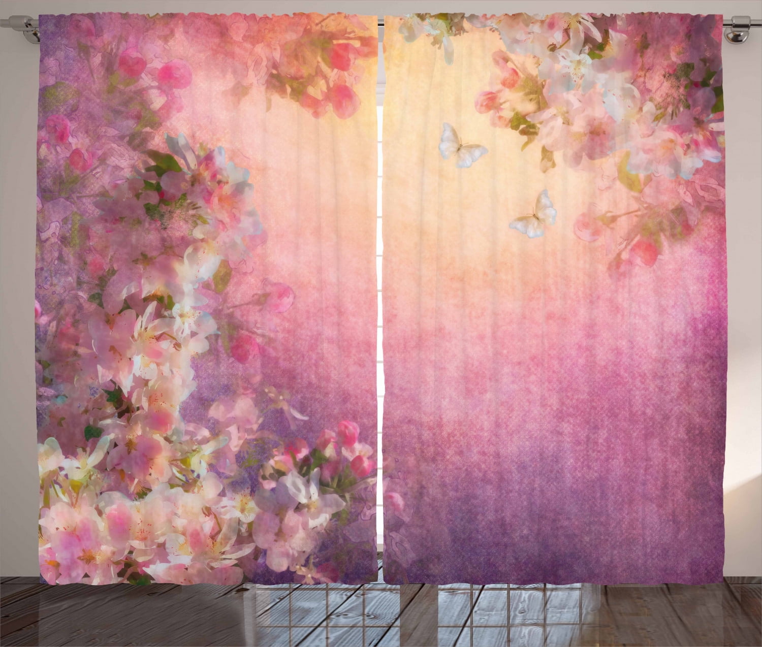 Art Curtains 2 Panels Set, Enchanted Cherry Blossom Petals Field Shabby Chic Floral Garden