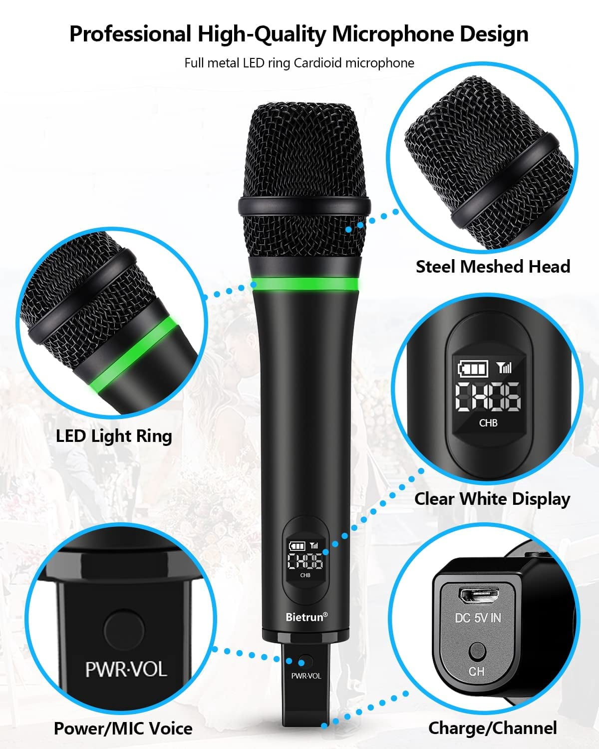 Bietrun Wireless Microphone Rechargeable, 168FT Range Bluetooth Microphone Wireless (Work 7 hrs) with 1/4'' Output, UHF Metal Handheld Dynamic Mic for Karaoke Machine/PA System/Speaker/Church/Wedding