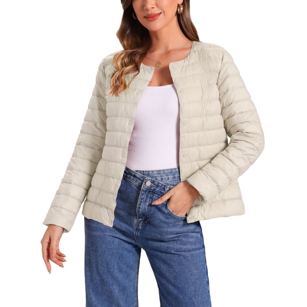 Chaqueta acolchada ligera para mujer Inspire Chic, con botones, empacable, de manga larga, color beige