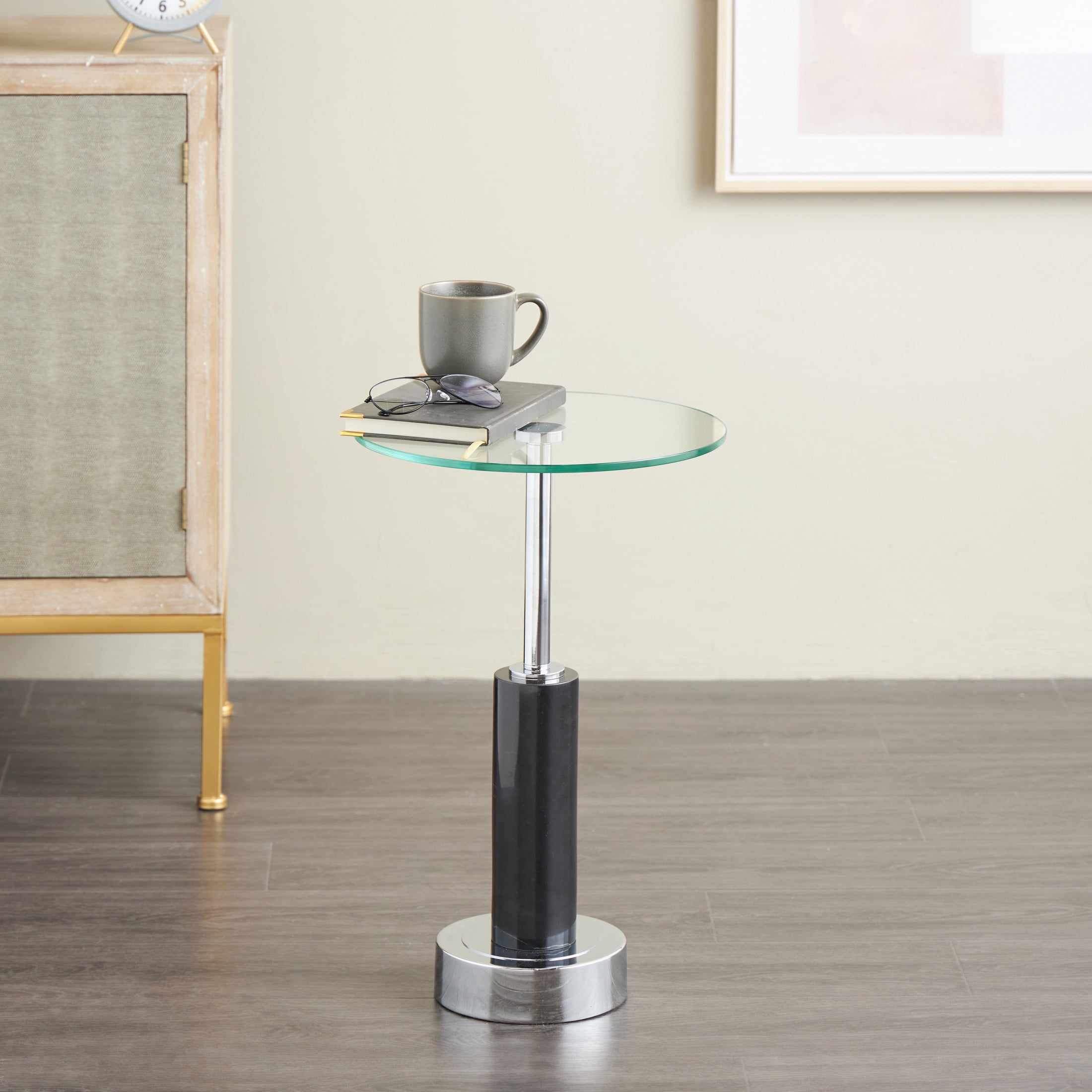 DecMode 14" x 21" Black Marble Round Accent Table with Silver Metal Rod and Base, 1-Piece