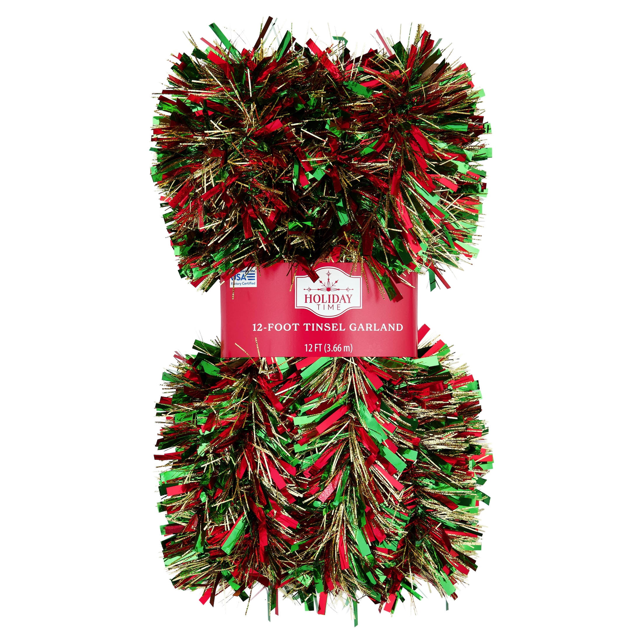 Tinsel Christmas Garland, Red/Green/Gold, 12', by Holiday Time