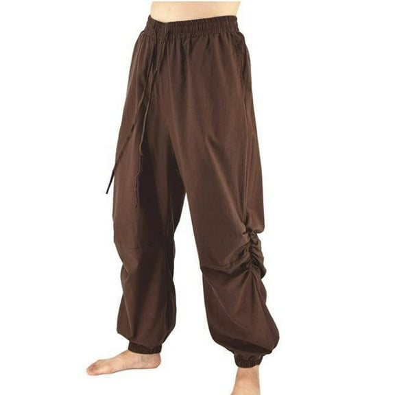 SOOMLON Men's Business Casual Pants Drawstring Bohemian Pants Cotton Linen Trousers Elastic Waist Pants Trousers Brown XXXXL