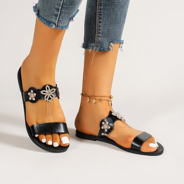LSLJS Fashion Casual Large Size Flat Bottom One-Line Flower Rhinestone Decoration Women's Slippers