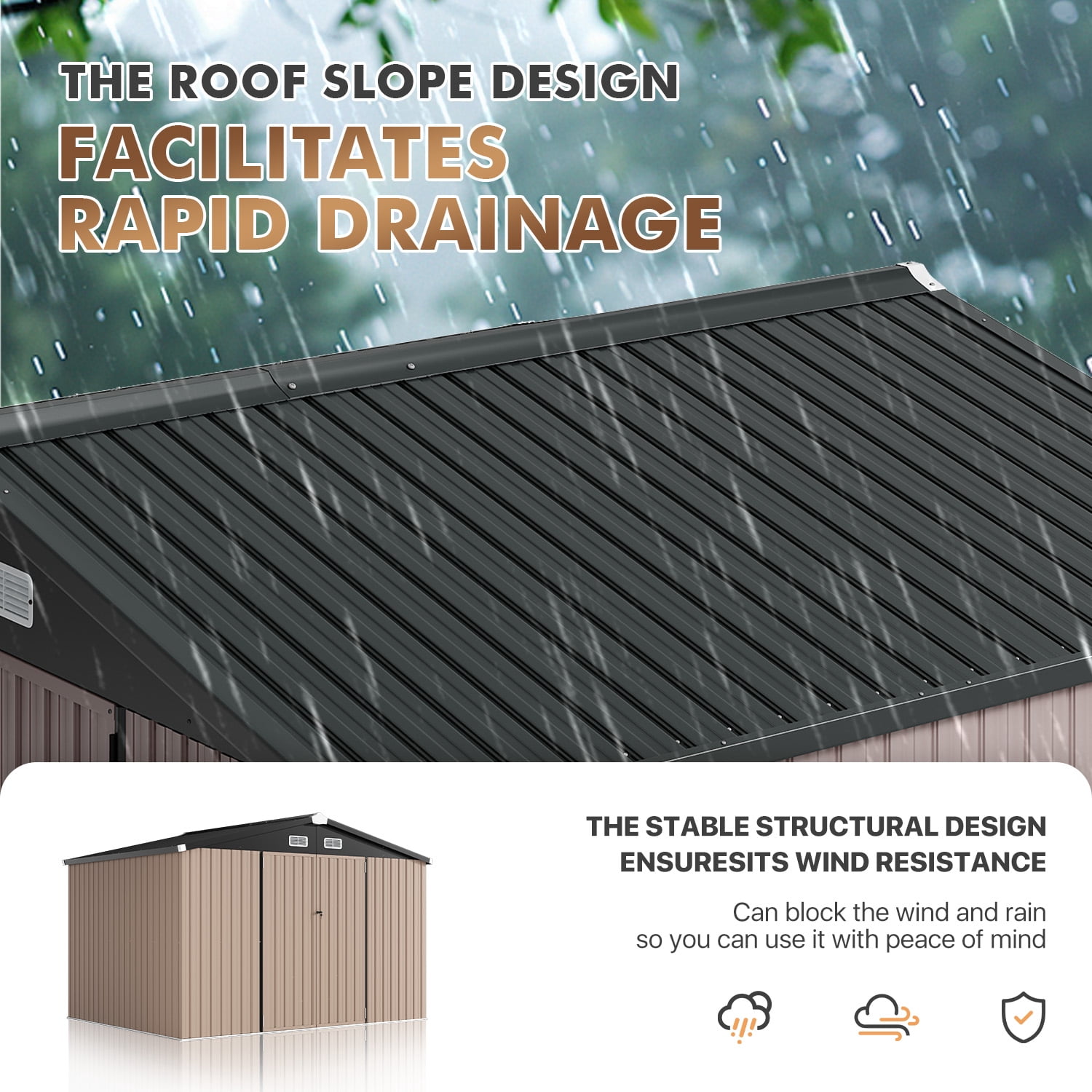 BaPiPro 10x8 ft Outdoor Metal Storage Shed with Base - Lockable Door & Waterproof, for Tools, Garden Equipment/Bikes, Brown