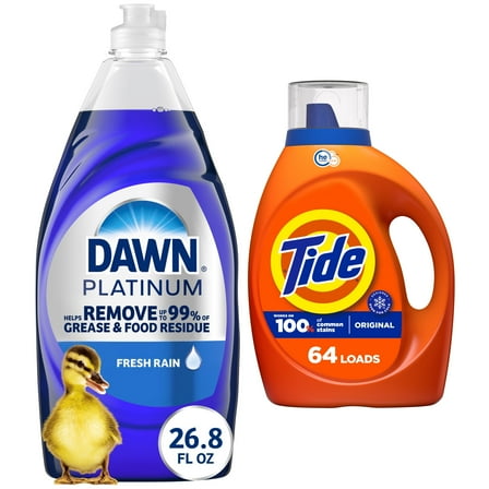 Dawn Platinum Liquid Dish Soap, Dishwashing Liquid, Grease Removal, Fresh Rain, 26.8oz plus Tide Laundry Detergent Liquid, Original Scent, 84 fl oz, 64 Loads, HE Compatible