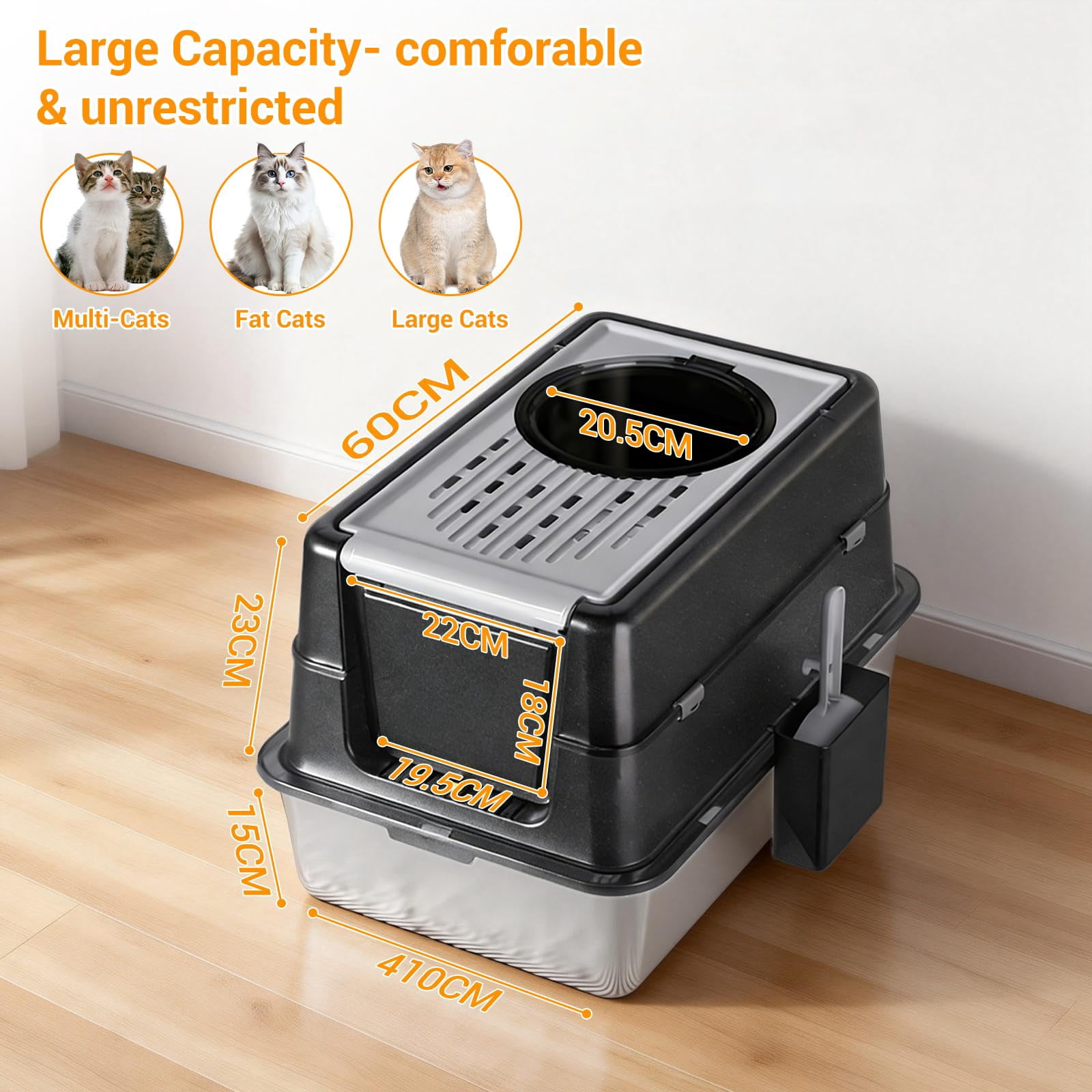 23.62" Large Stainless Steel Litter Box for Large Cats, Enclosed Cat Litter Pan with 180° Flip-Top Lid, Dual Entry Front Door & Top Entrance, Easy Clean Odor Control for Multi-Cat